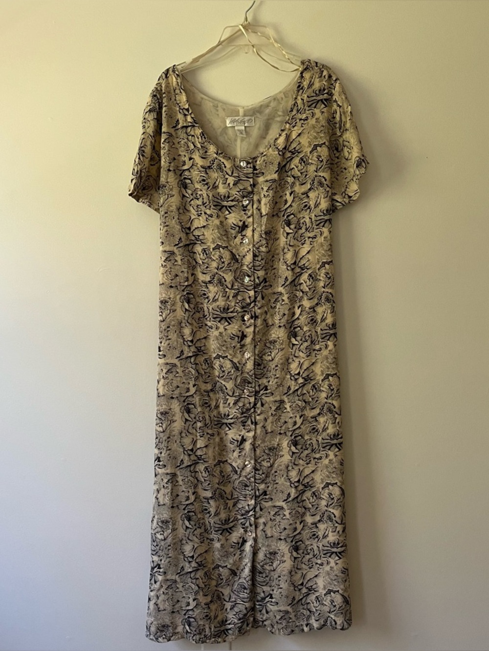 Vintage Silk Button Front Midi Maxi Dress 16 Beige Floral Cottagecore Prairie